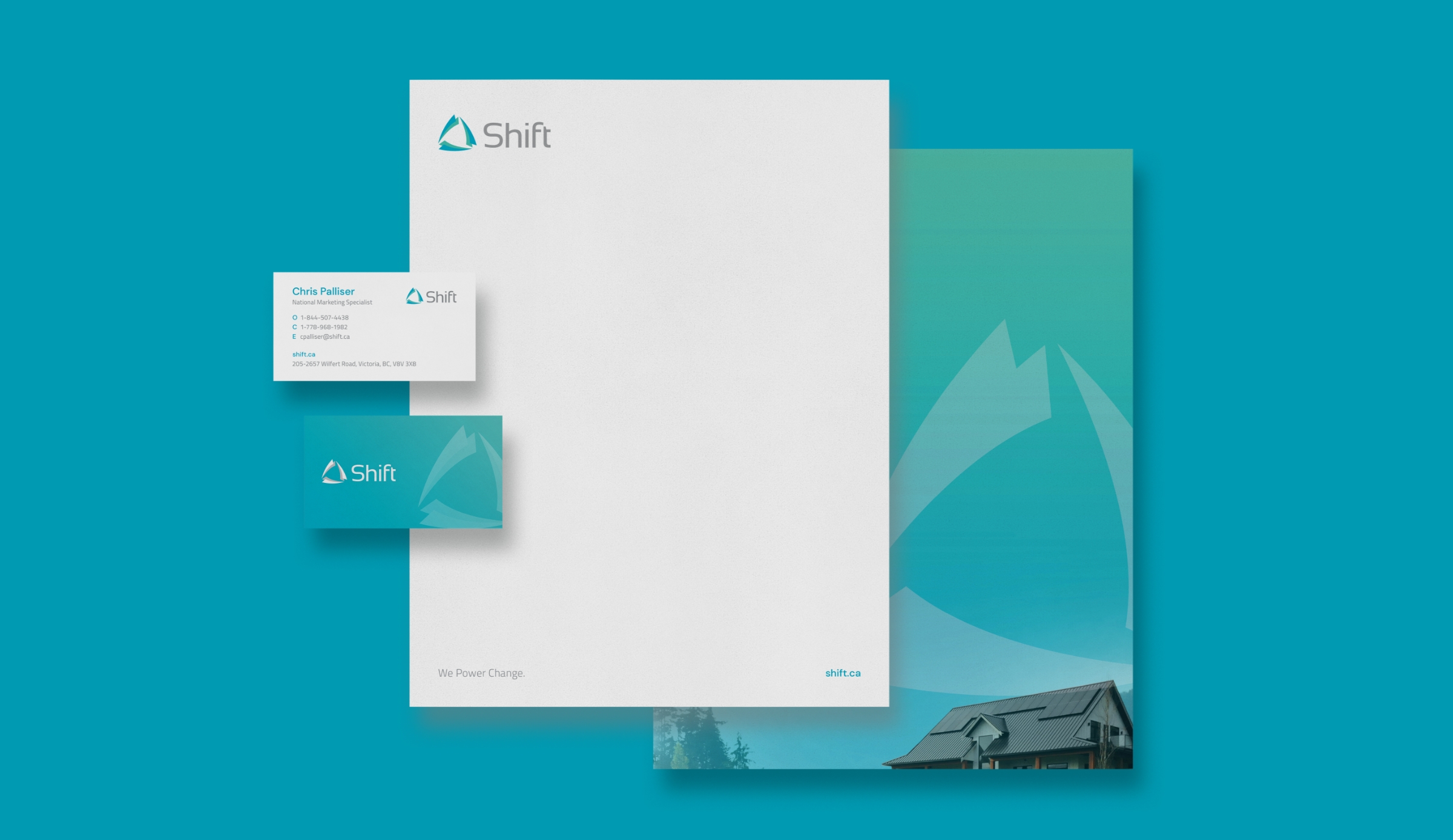 Branded business cards and letterhead for Shift. 