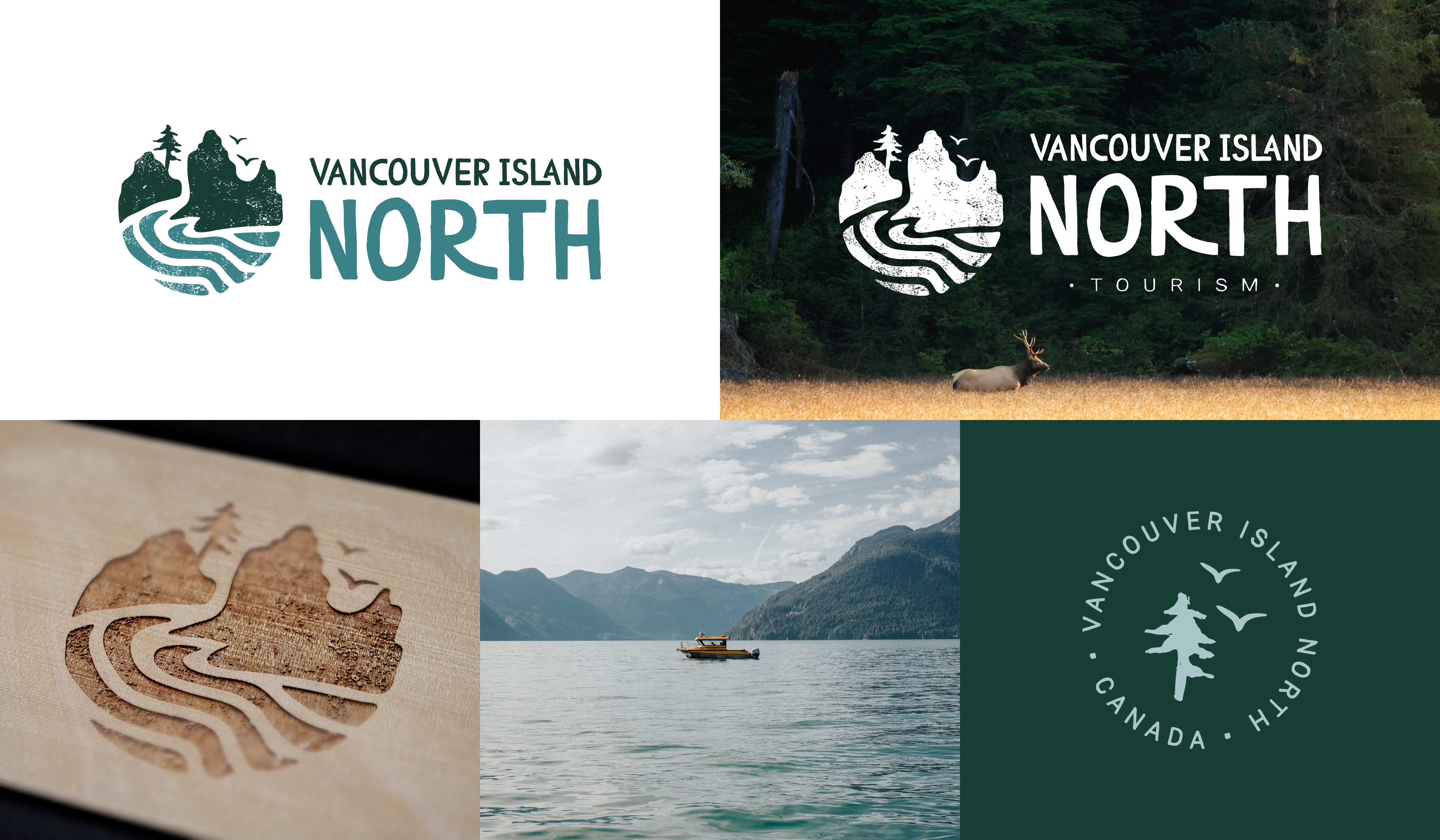 A collection of logos and visuals for Vancouver Island North Tourism. The main logo features stylized mountains, a tree, birds, and a winding river in a circular design, paired with bold, rustic text reading 'Vancouver Island North.' Below, there’s a wooden carving of the logo, an image of a serene boat on the water with forested mountains in the background, and an elk resting in a field. A round logo variation includes a tree and birds in the center, encircled by the words 'Vancouver Island North Canada'.