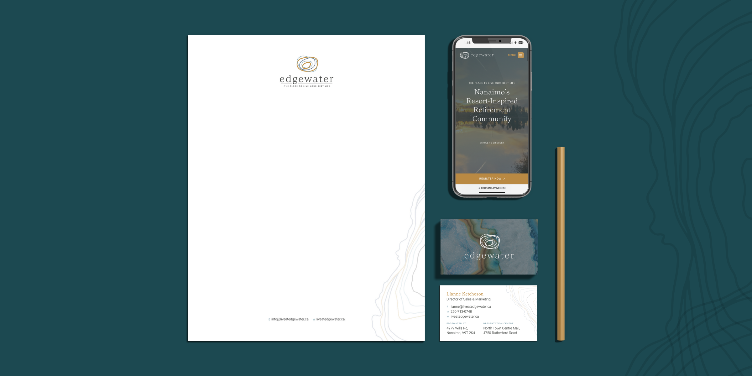 Edgewater homepage in a mobile device and Edgewater business cards and stationary.
