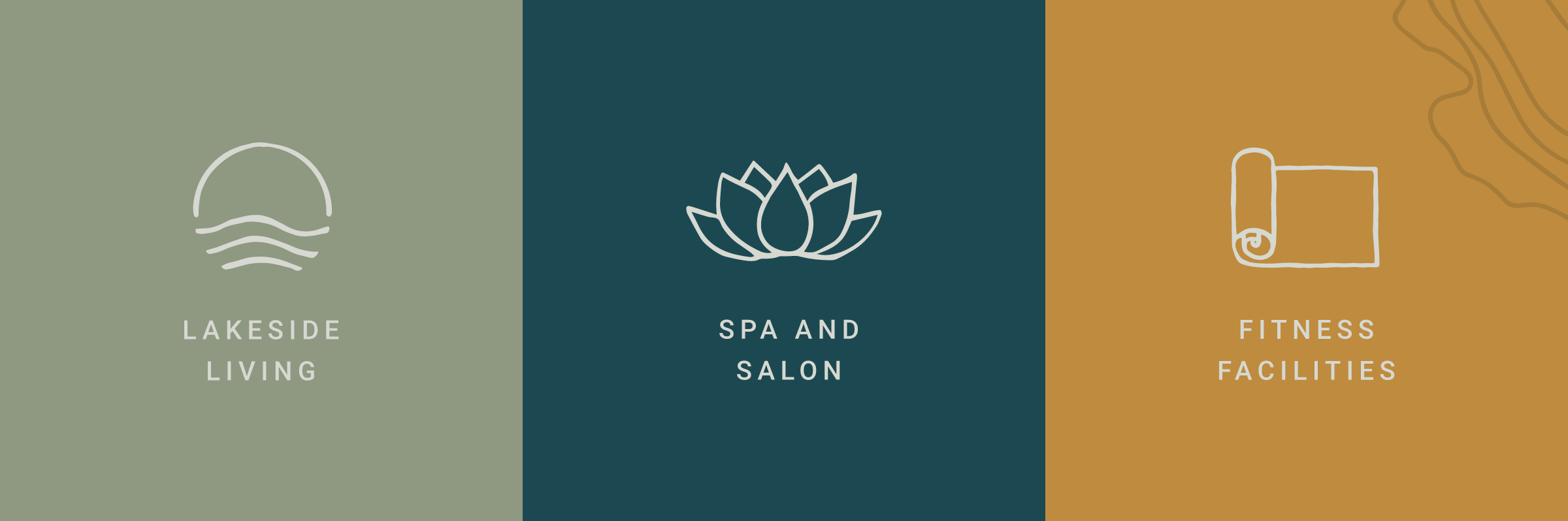 Custom iconography for "Lakeside Living," showing a sun and waves. "Spa and Salon," showing a lotus flower, and "Fitness Facilities" showing a half rolled up yoga mat.