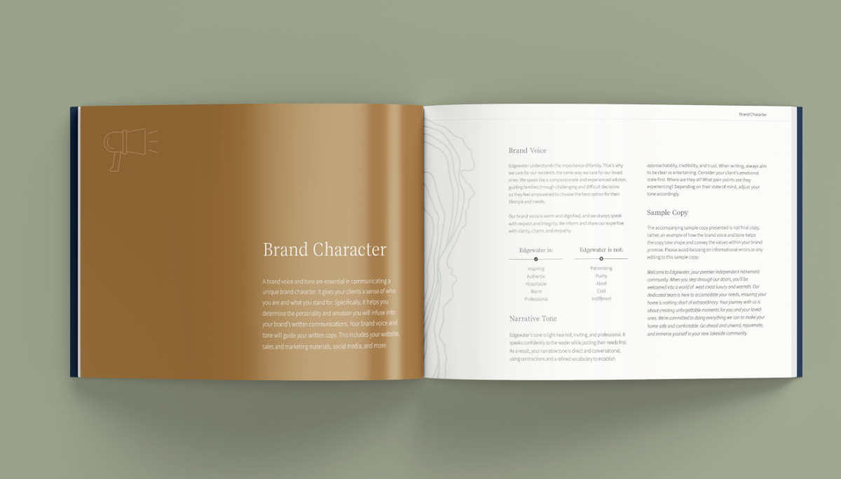 Book with brand guide for Edgewater.