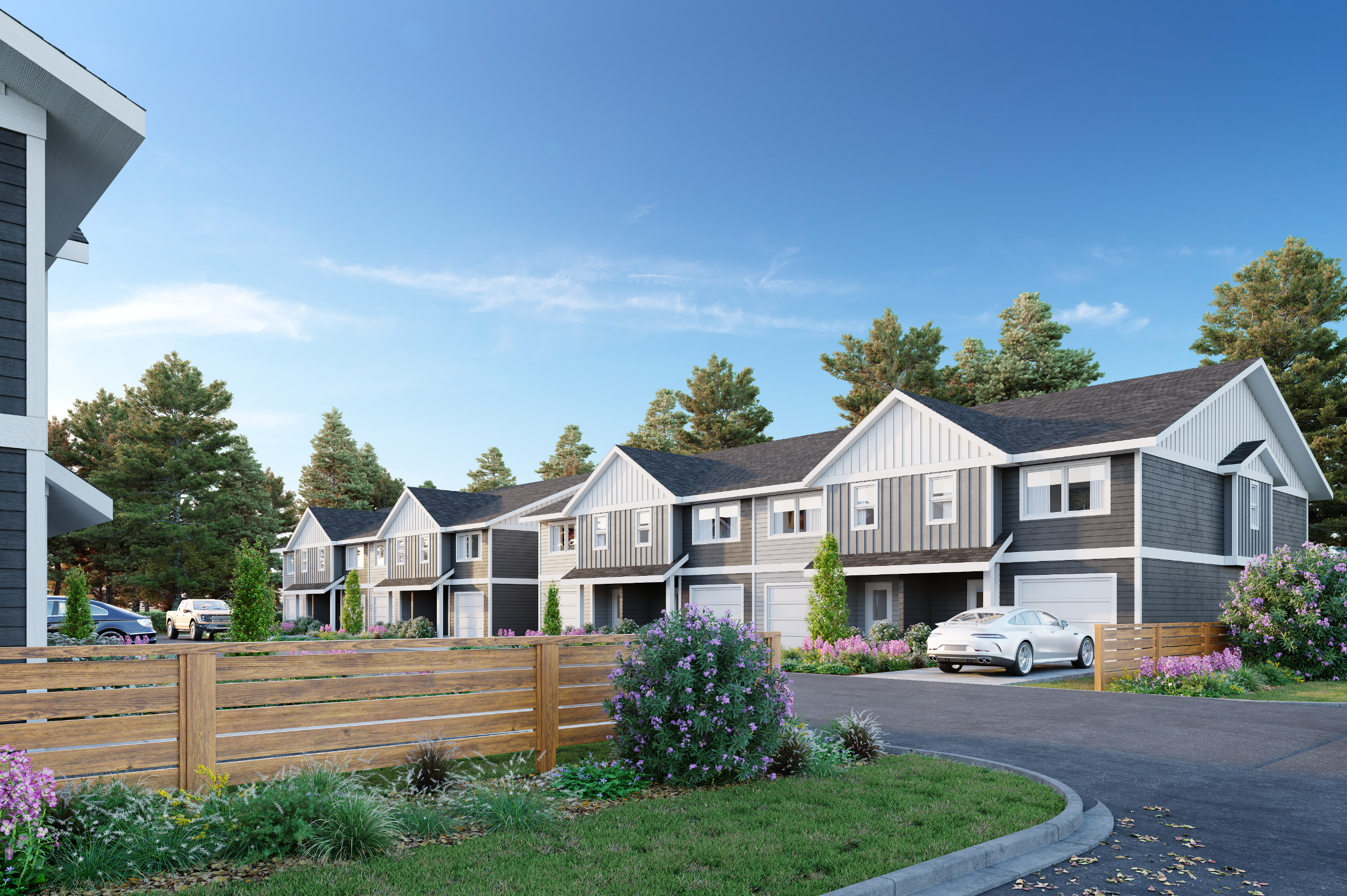 Exterior view of Fisher Landing townhomes in Campbell River, BC.