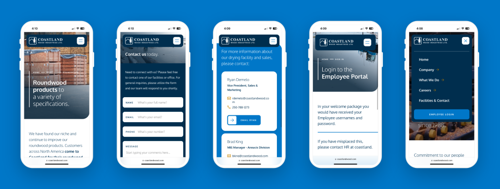 Five mobile screens showing Coastland Wood Industries responsive website and login interface for the team member portal, highlighting employee access, contact forms, and company information.