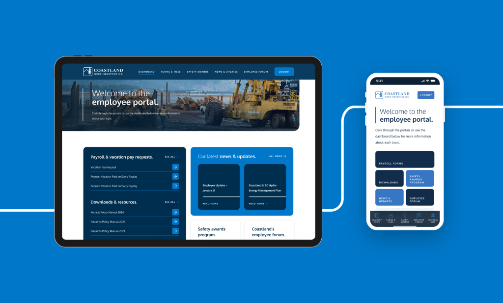 Tablet and phone screens displaying the Coastland Wood Industries team member portal interface for employees.