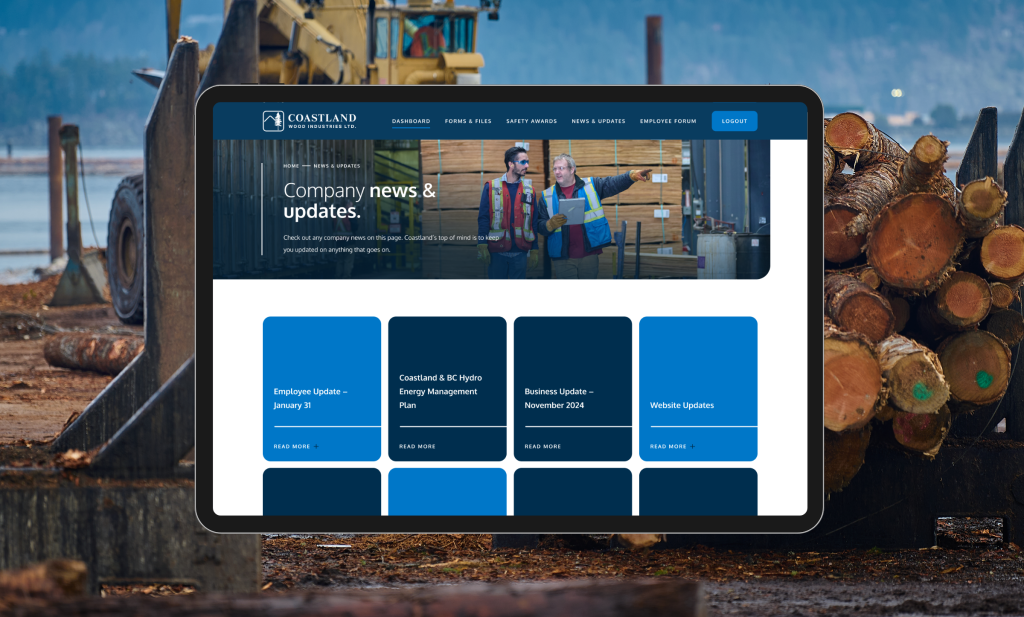 Tablet displaying the Coastland Wood Industries team member portal with company news and updates, designed for employee communication and internal engagement.