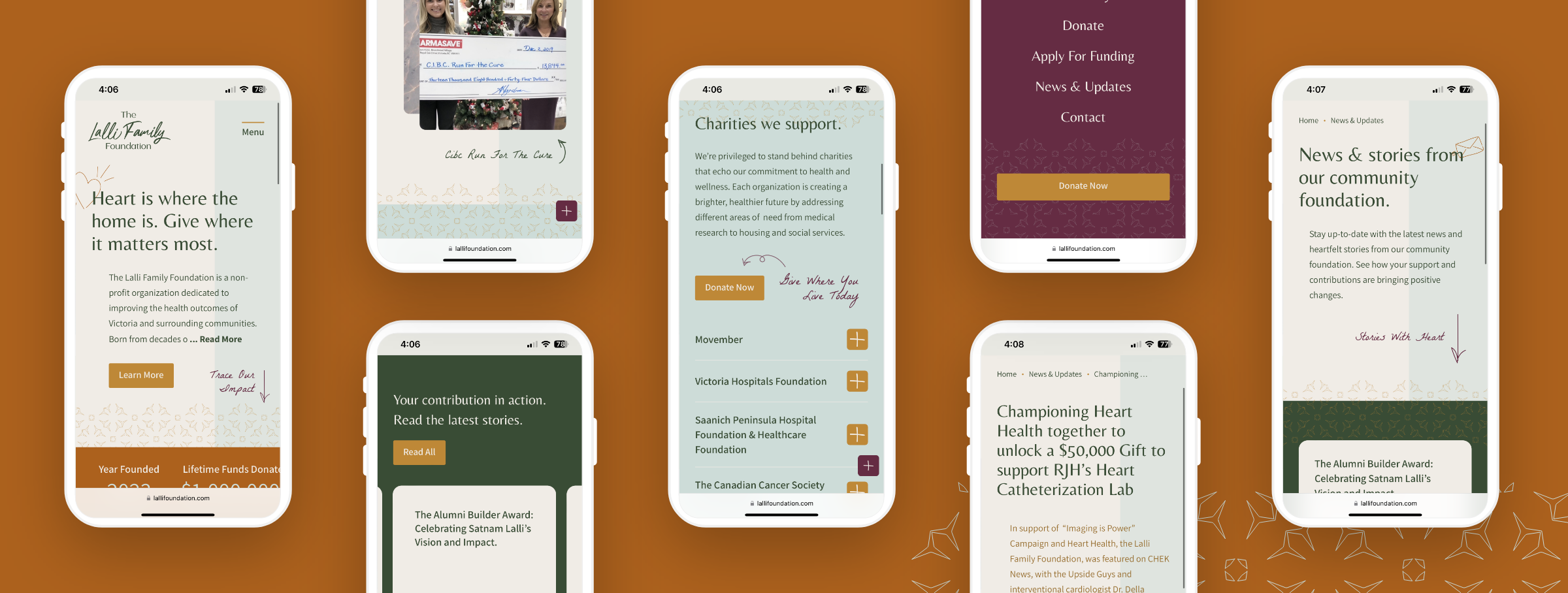 A series of mobile phones displaying a nonprofit marketing website in various stages of the user experience – donation forms, event listings, and storytelling pages – all styled in warm, accessible colours against an earthy orange background.