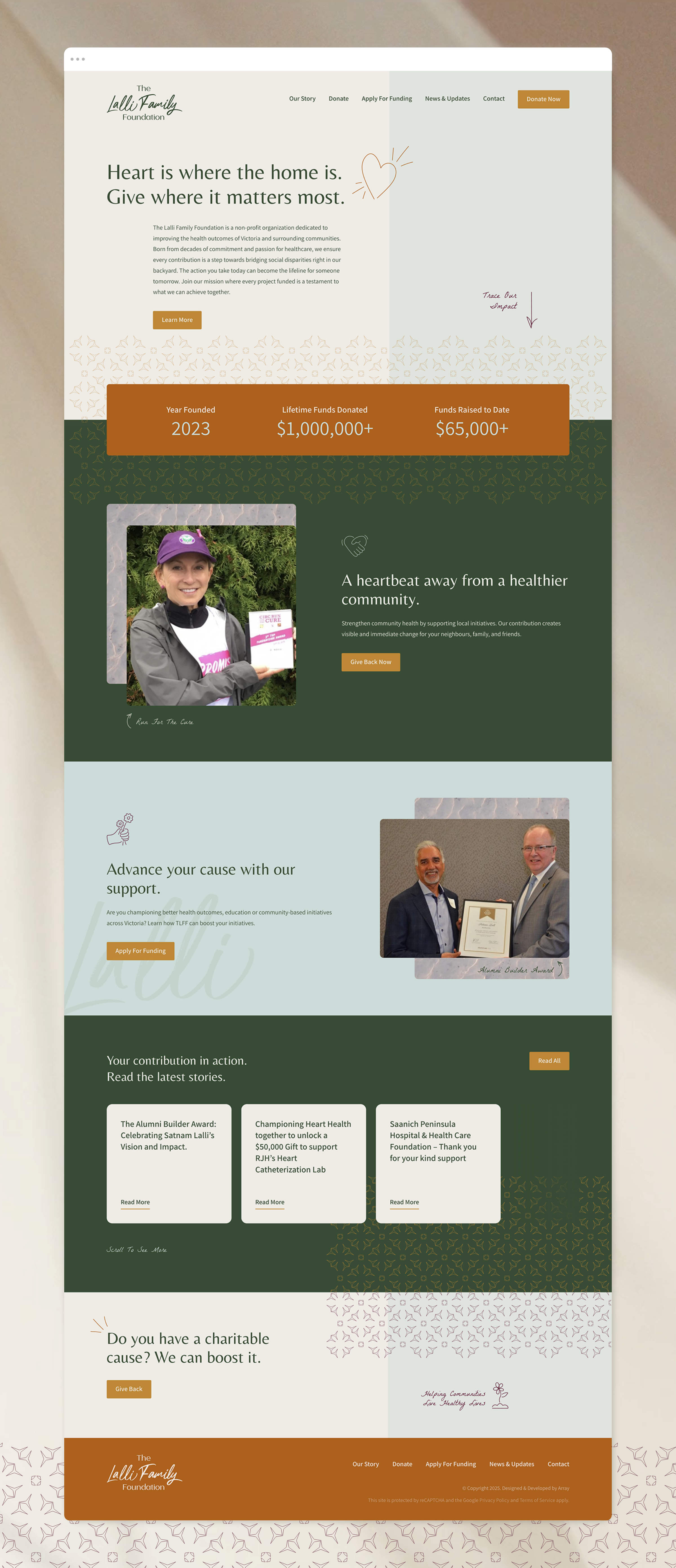 Full-page view of a nonprofit marketing website for the Lill Family Foundation, showcasing warm, inviting branding with key stats, community impact highlights, grant support messaging, and a call to action for charitable causes.