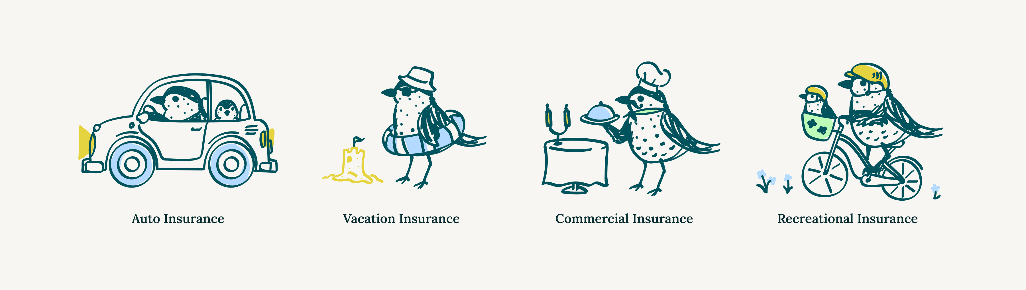 Custom Petey bird mascot illustrations created for Brio Insurance’s auto, vacation, commercial and recreational insurance pages.