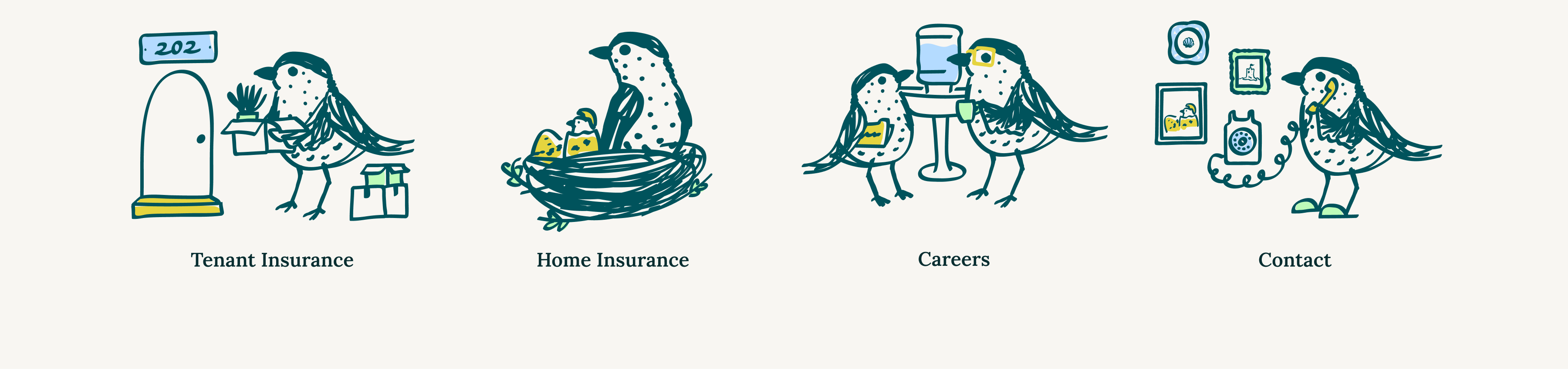 Custom Petey bird mascot illustrations for Brio Insurance’s tenant, home, careers and contact pages.